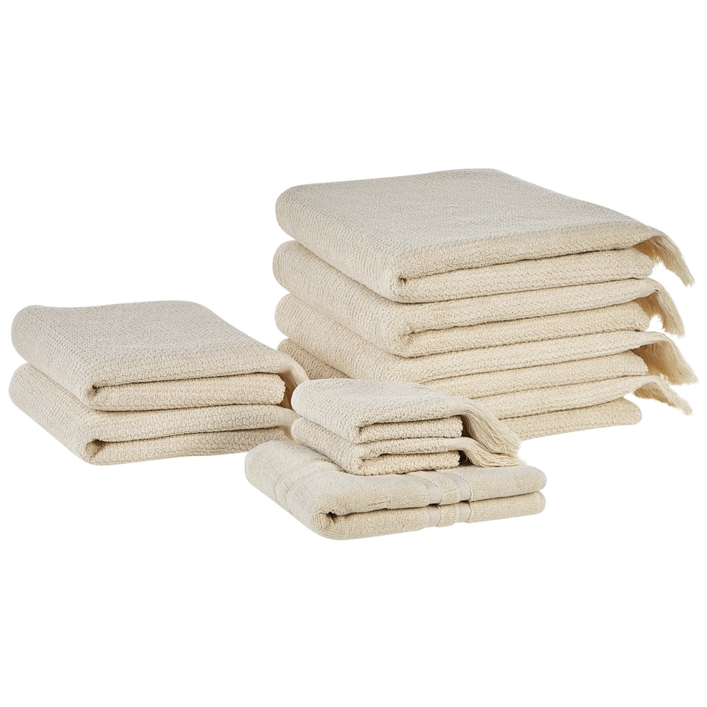 Set di 9 asciugamani bagno in spugna di cotone beige con nappe decorative