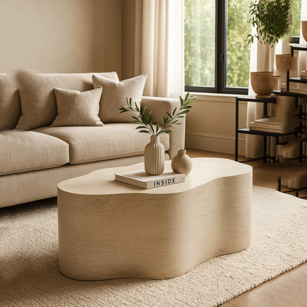 Sefrou, Tavolino da Salotto Adatto per Indoor/outdoor Effetto Pietra, 62x48x100h cm Bianco Crema