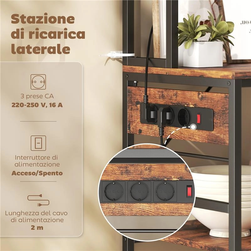 SCAFFALE DA CUCINA CON STAZIONE DI RICARICA, 5 RIPIANI E 10 GANCI A S, IN LEGNO E ACCIAIO, 80X40X170 CM, MARRONE