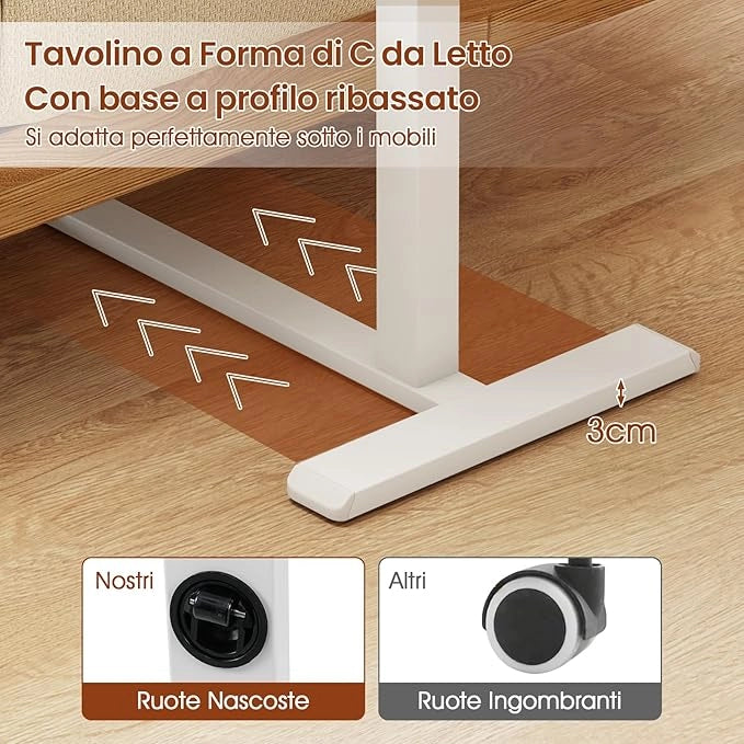 Tavolo per Computer, Tavolino Portatile e Regolabile in Altezza con Piano Inclinabile e 2 Fermi, Desk a Forma di C con Ruote per Camera da Letto e Ufficio, 68 x 49 x 70-103,5 cm