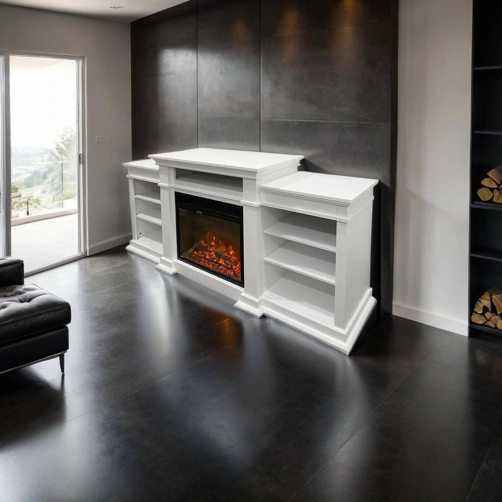 Camino elettrico Aramengo, Stufa elettrica, Focolare elettrico a parete, Caminetto moderno, Made in Italy, 179x48 h81 cm, Bianco