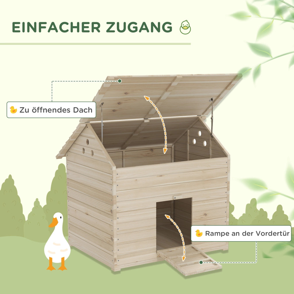 Casetta da giardino con tetto apribile e rampa sulla porta anteriore in legno di abete naturale
