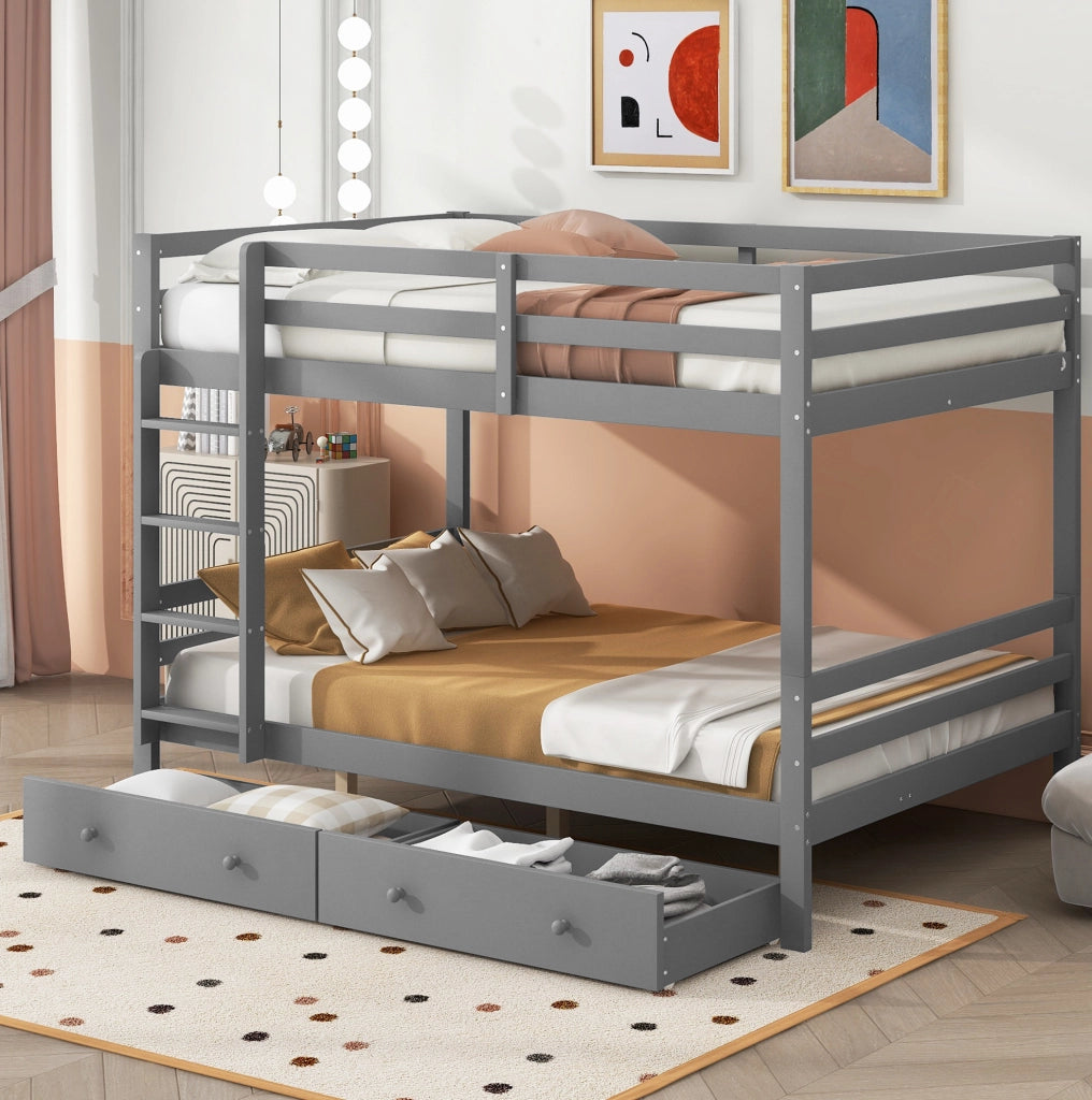 Letto a castello in legno con cassetti e scala, 140x200 cm, grigio