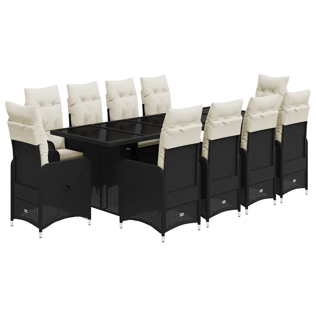 Set da BistrÃ² da Giardino 11 pz con Cuscini Nero in Polyrattan