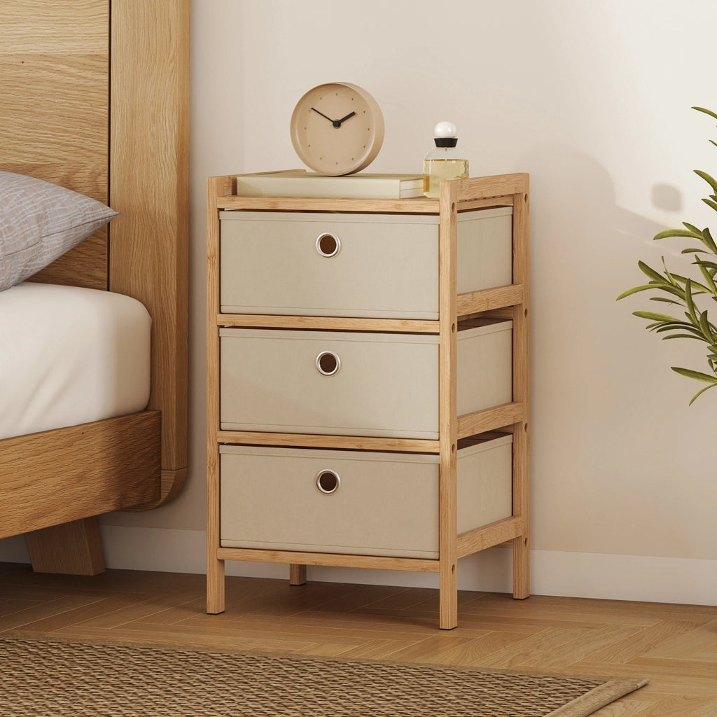 C¨®moda con 3 cassetti in tessuto e struttura in bamb¨´ ¨C zephmum ¨C crema/naturale