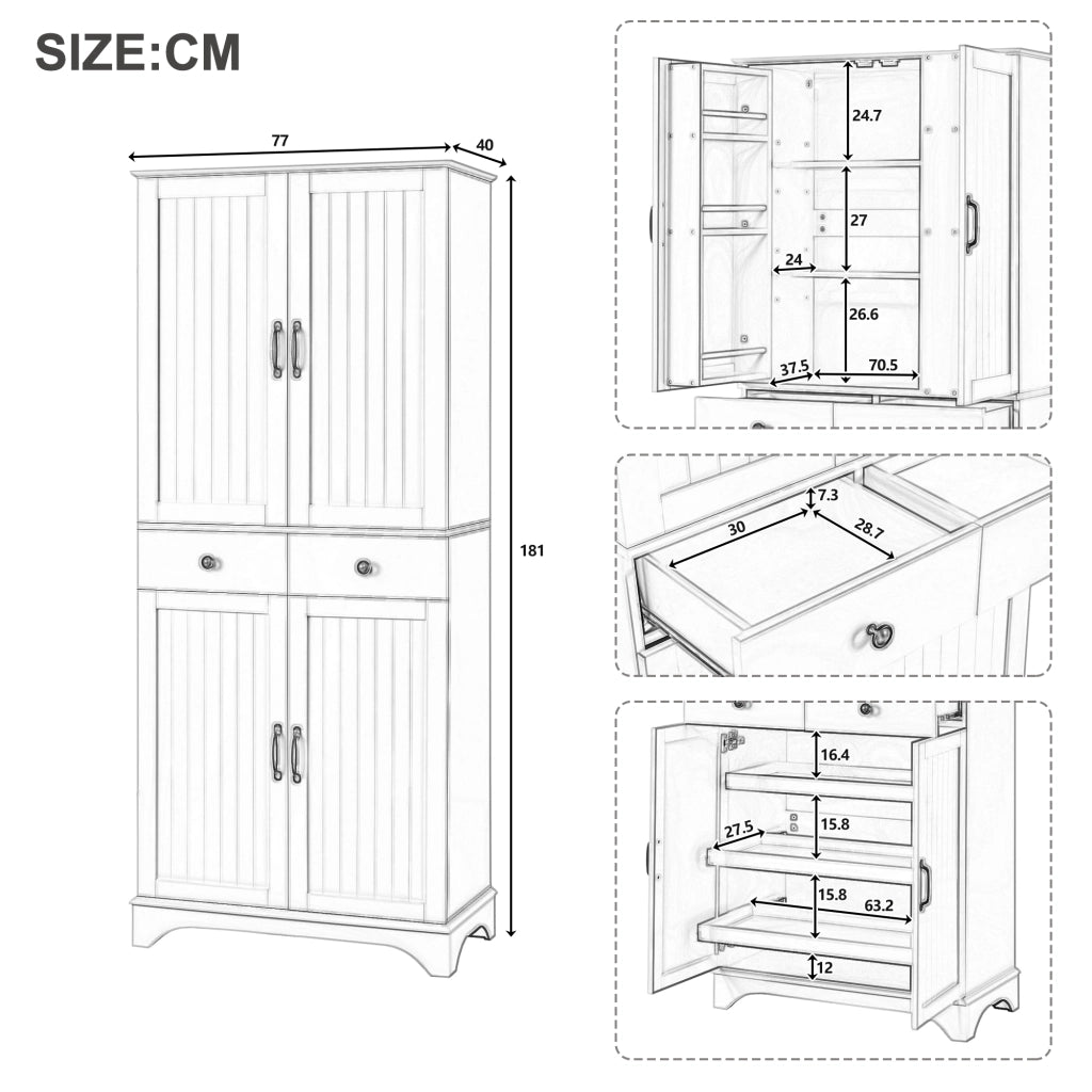 Credenza alta con ripiani regolabili, 2 cassetti e vani con ante, per cucina e soggiorno, in MDF, nero, 77 × 40 × 181 cm