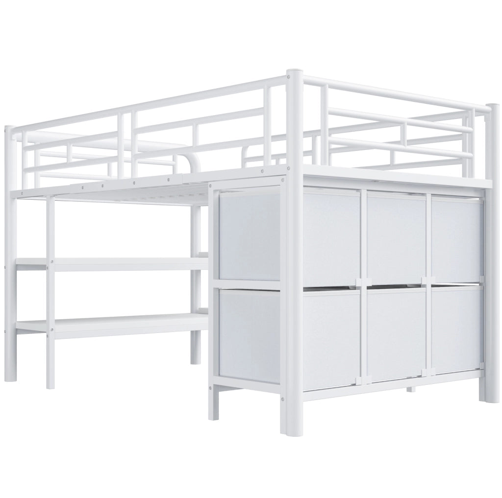 Letto a soppalco basso per bambini 90x200 cm con scale, MDF e metallo bianco