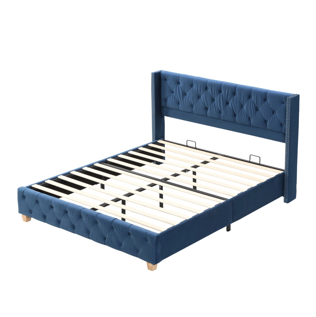 Letto imbottito 160x200 cm; testiera capitonn茅; velluto blu (Senza materasso)