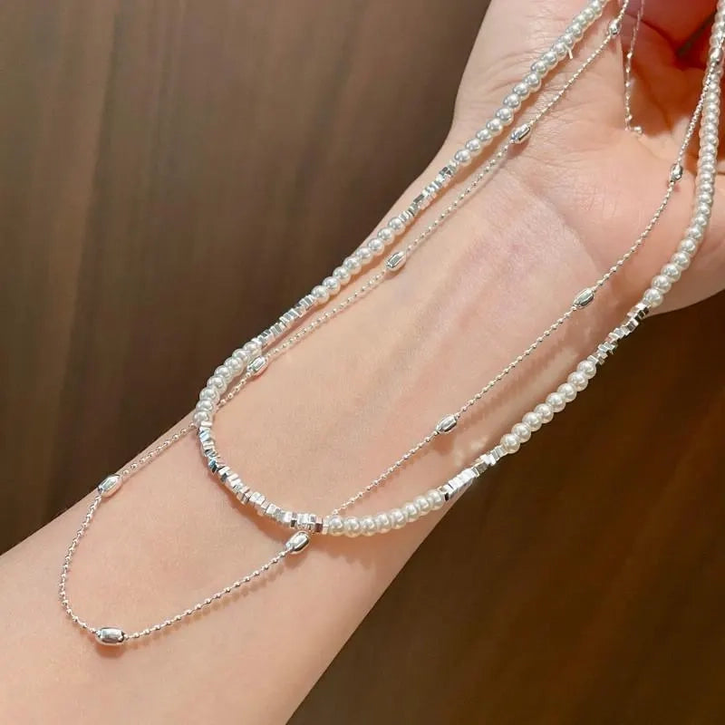 Collana a doppio strato di perle d'argento fatta a mano, regalo di Natale o di compleanno.