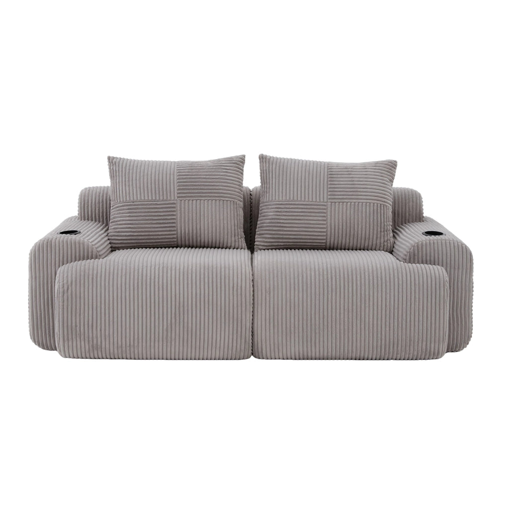 Divano modulare a 2 posti con portabicchieri e tasca laterale in corduroy per soggiorno moderno grigio chiaro