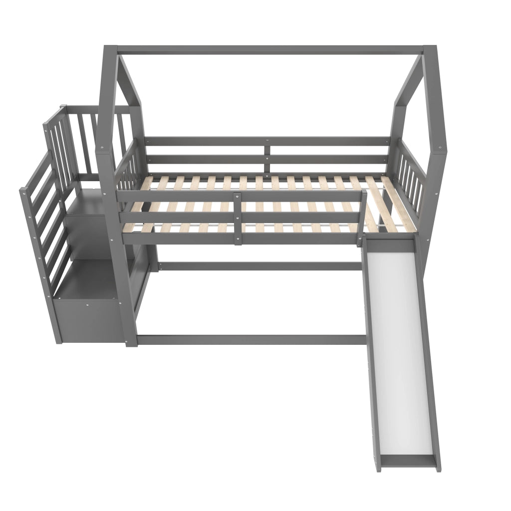 OKWISH Letto a Castello 90×200 cm, Letto Singolo con Scala con Vani, Scivolo e Spondine, senza Materasso, Grigio
