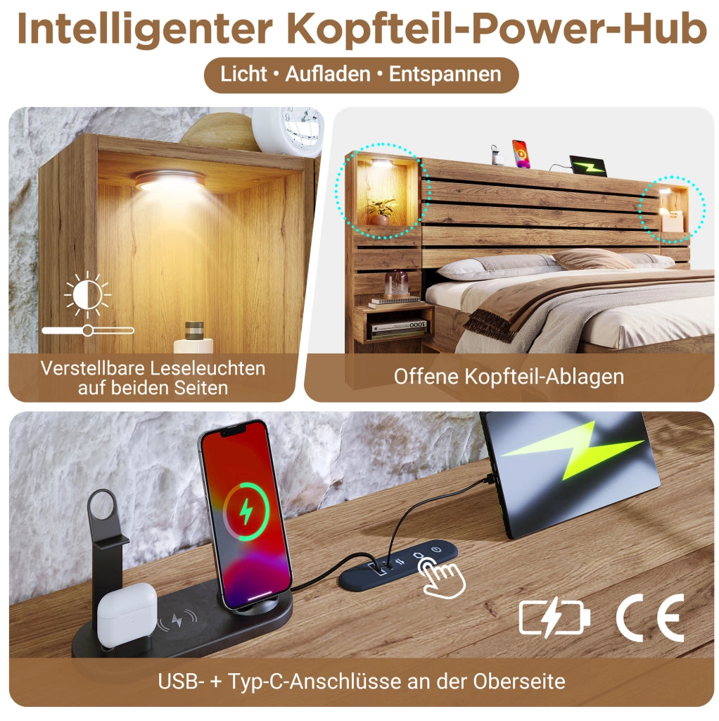 Letto matrimoniale 180x200 cm in MDF e metallo con faretti; USB Type-C; cassetti e comodini sospesi; rovere