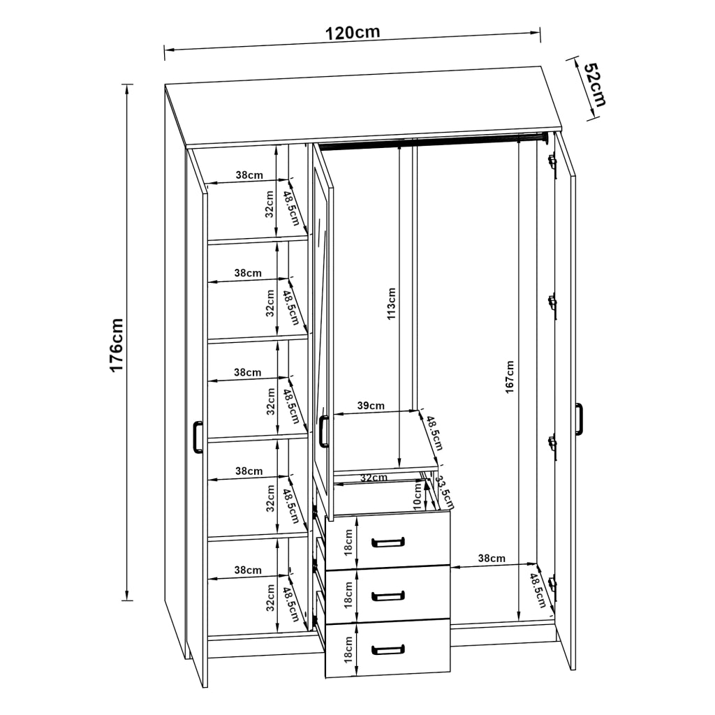 Armadio moderno per camera da letto mobile contenitore senza tempo 5 ripiani 3 cassetti + specchio MDF 176 x 120 x 52 cm effetto rovere Sonoma 03_0006369