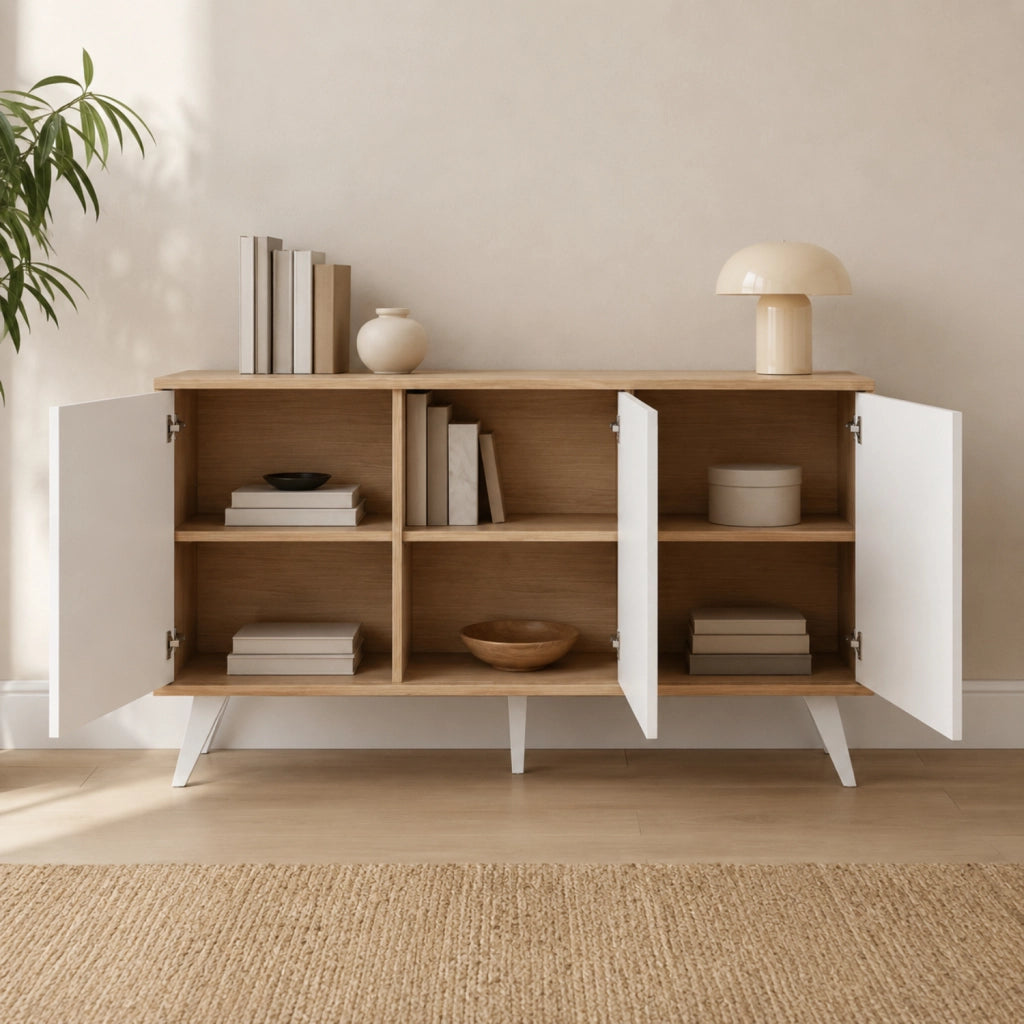 Mobiletto Credenza Moderna Con 3 Ante Senza Maniglie Design Minimal Per Soggiorno Salotto Corridoio E Ingresso 154 X 72 X 40 Cm Bianco E Rovere