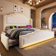 Letto imbottito 140x200 cm beige in velluto con LED, USB-C e 4 cassetti