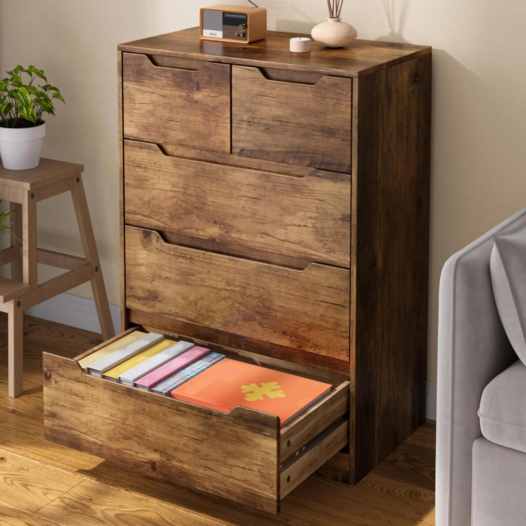 Cassettiera con 5 cassetti, armadio per camera da letto, armadio dipinto, per soggiorno, impermeabile e durevole, 94 x 72 x 41 cm (marrone chiaro)