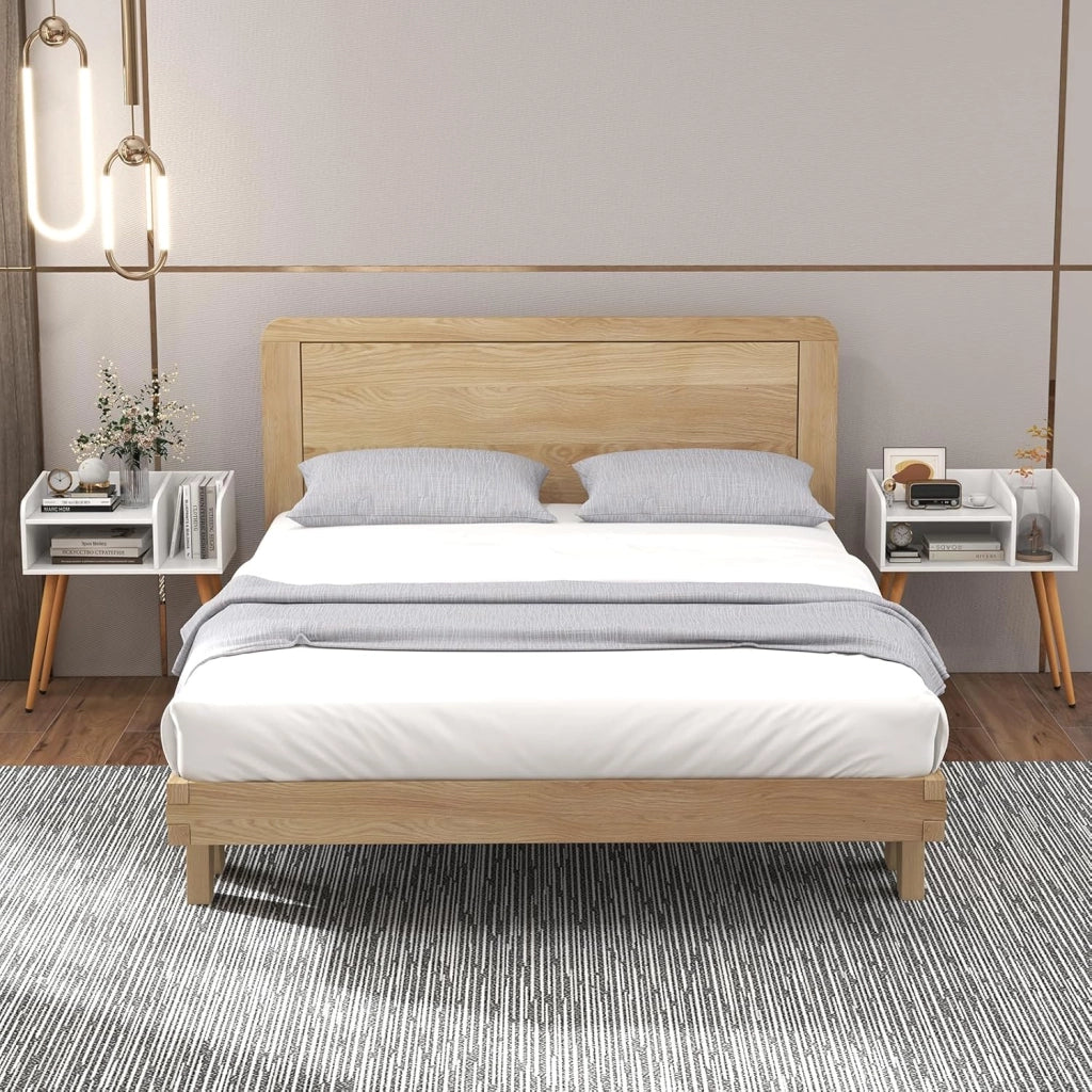Comodino, comodino con 3 scomparti aperti, tavolino in legno con 4 gambe di supporto in metallo, comodino per soggiorno, camera da letto, 50 x 32 x 58 cm (bianco + naturale)