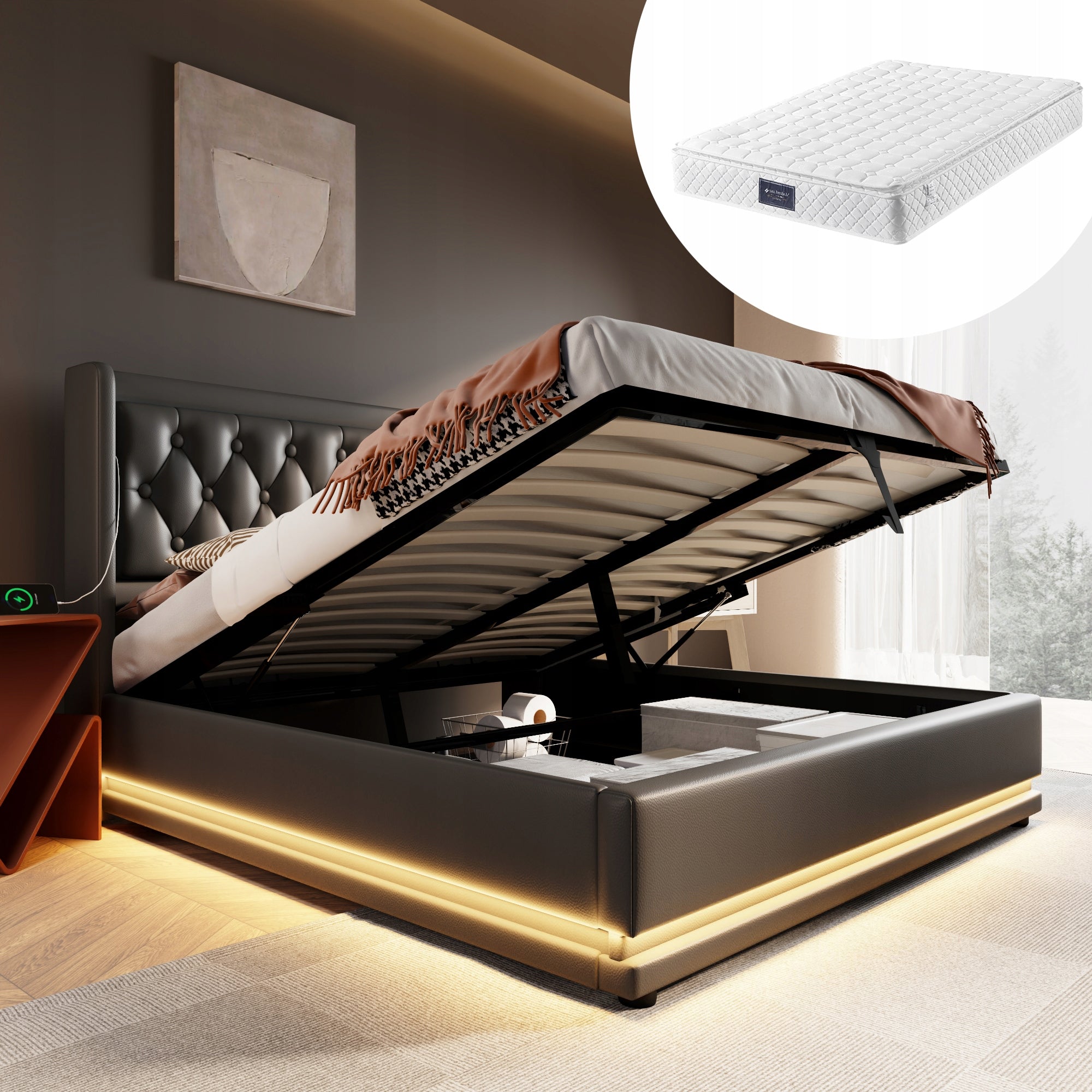 Letto Matrimoniale 140x200 - Xylo - Nero con USB-C, LED e Materasso