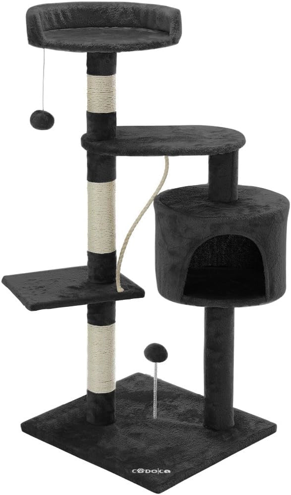 Deuba CADOCA Albero Tiragraffi 112 cm 3 Piattaforme 1 Cuccia per Gatti 2 Palline 1 Corda da Gioco Affila Unghie Gatto