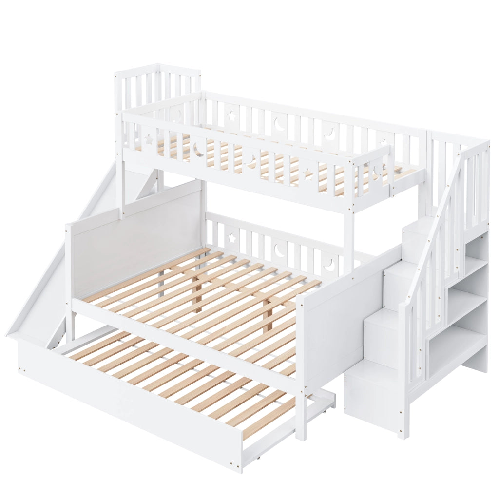 OKWISH Letto a Castello 90×200 cm e 140×200 cm, Letto 3 Posti con Contenitori, Letto Estraibile, Scala e Scivolo, senza Materasso, Bianco