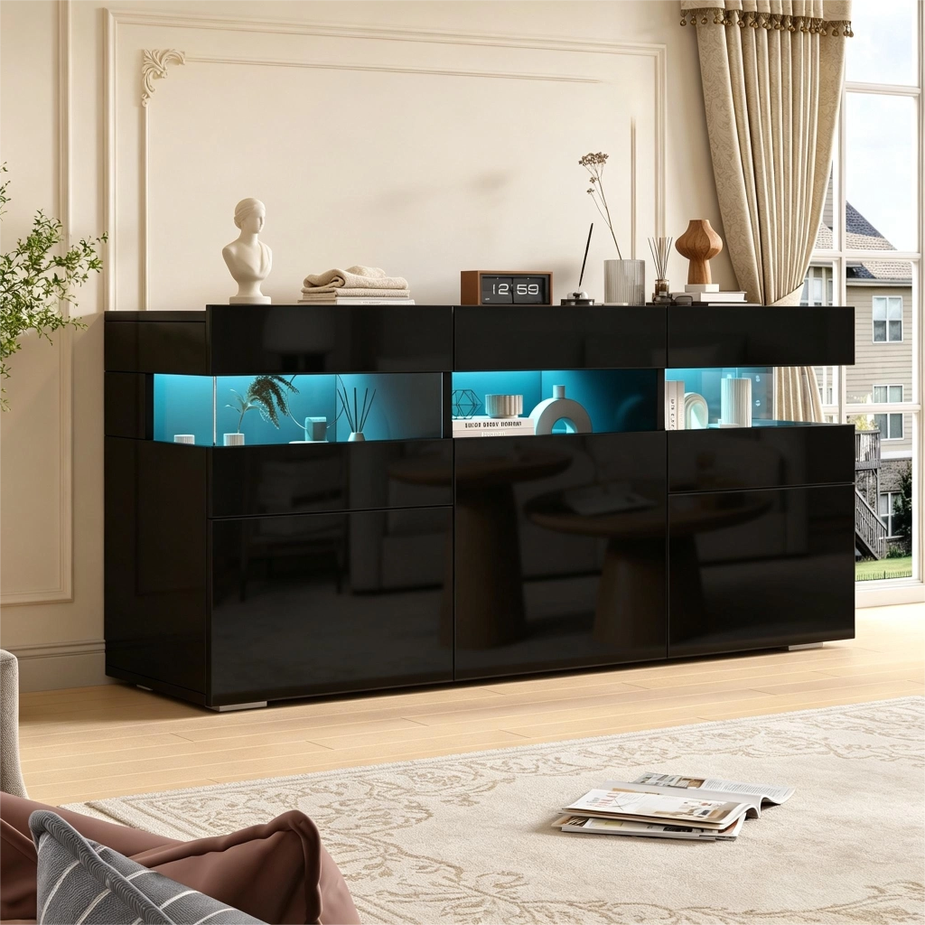 Credenza e madia con LED, 3 ante e 7 vani, frontale lucido, per soggiorno, in truciolare, nero, 140 × 40,5 × 66,5 cm