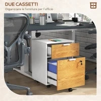 Cassettiera Ufficio a 2 Cassetti con Chiavi di Sicurezza e 5 Ruote, Legno, 42x40x60 cm, Bianco e Legno