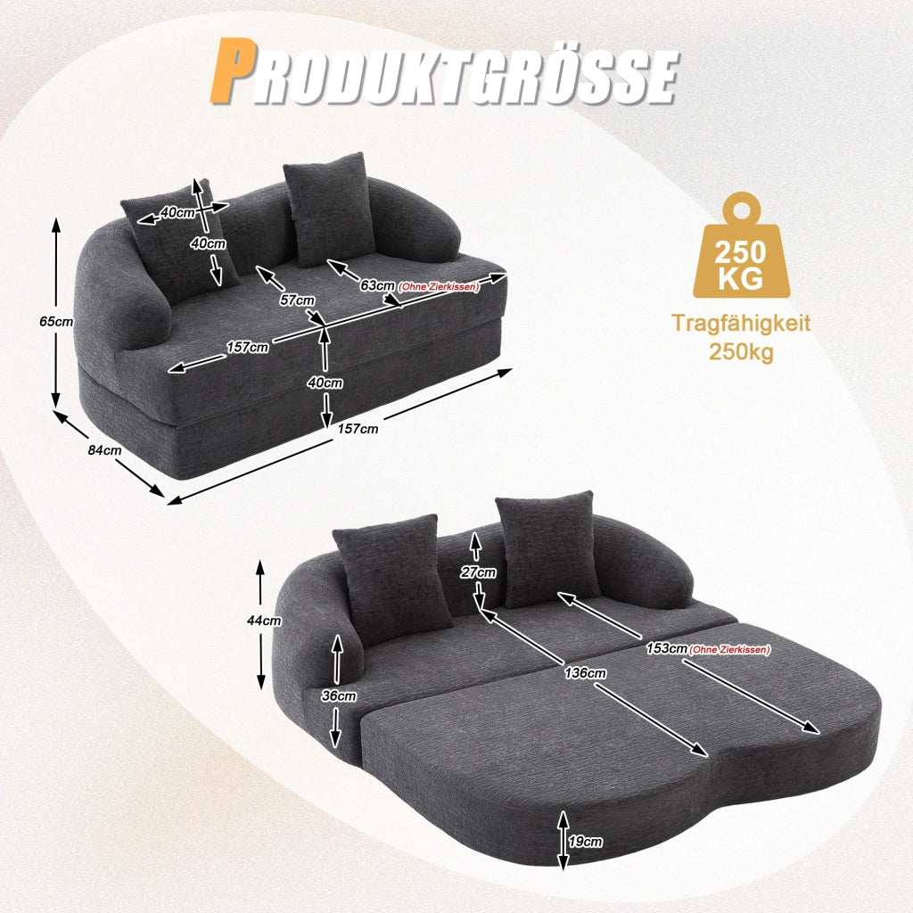 Divano letto a due posti convertibile con due cuscini e schienale ergonomico in chenille grigio scuro