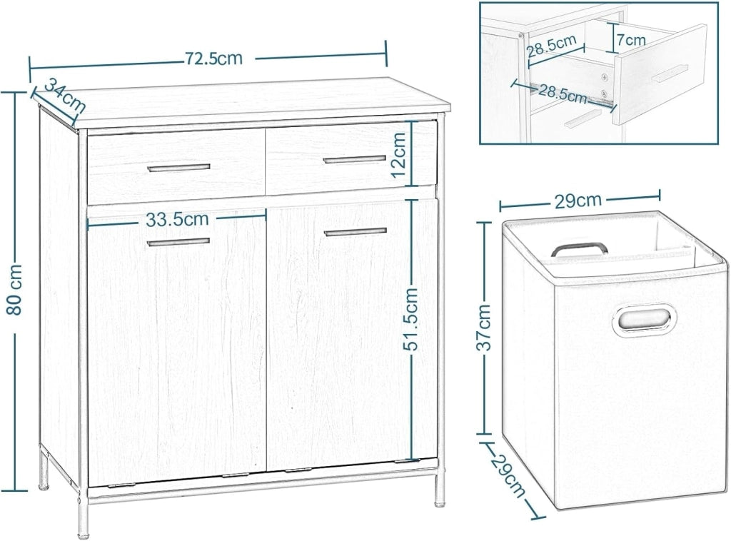 Mobile da Bagno con 2 Cassetti e 2 Sacchi per la Biancheria, in MDF con Struttura in Metallo, Rovere Chiaro + Nero, 72,5x34x80 cm