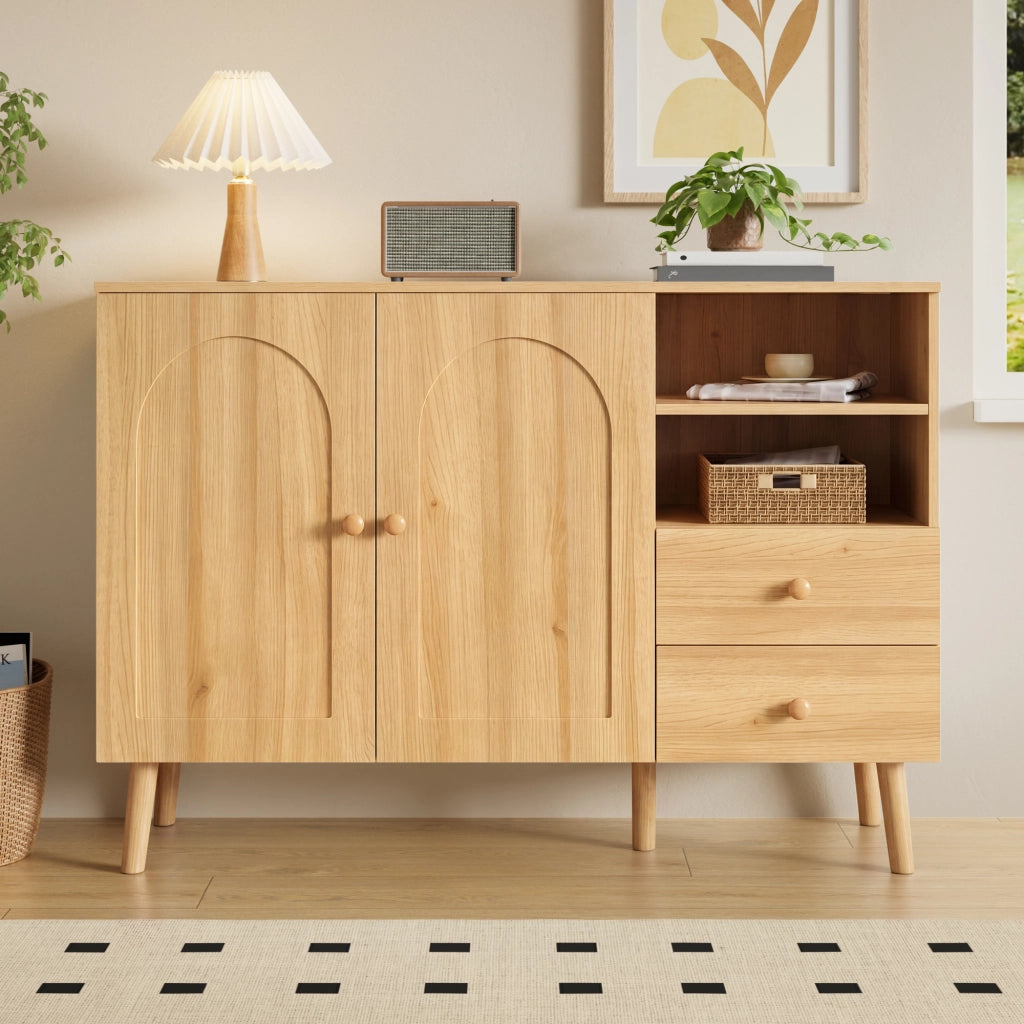 Credenza e madia con 2 ante 2 cassetti e vani aperti per soggiorno sala da pranzo e ingresso naturale 118 × 35 × 82 cm