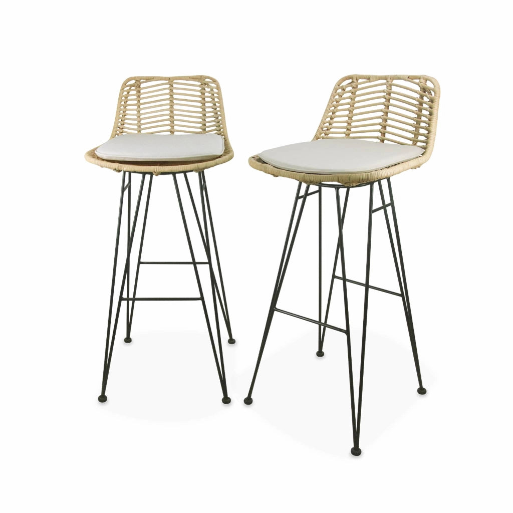 Set di 2 sgabelli da bar in metallo e rattan, beige