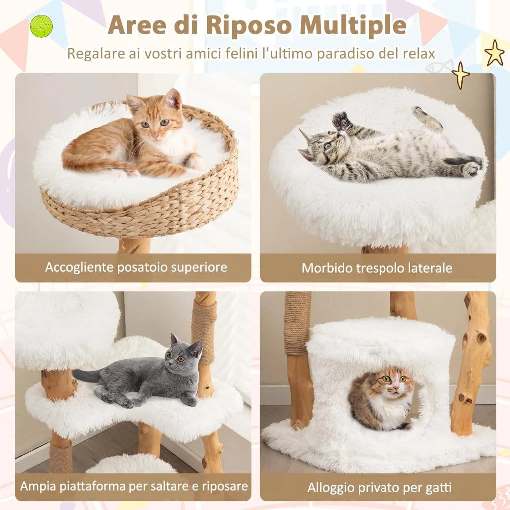 Albero per Gatti in Legno Alto 124 cm, Albero Tiragraffi per Gatti in Legno Massello con Pali di Corda di Juta, Torre Moderno per Animali Domestici Interni a 5 Livelli (Bianco)
