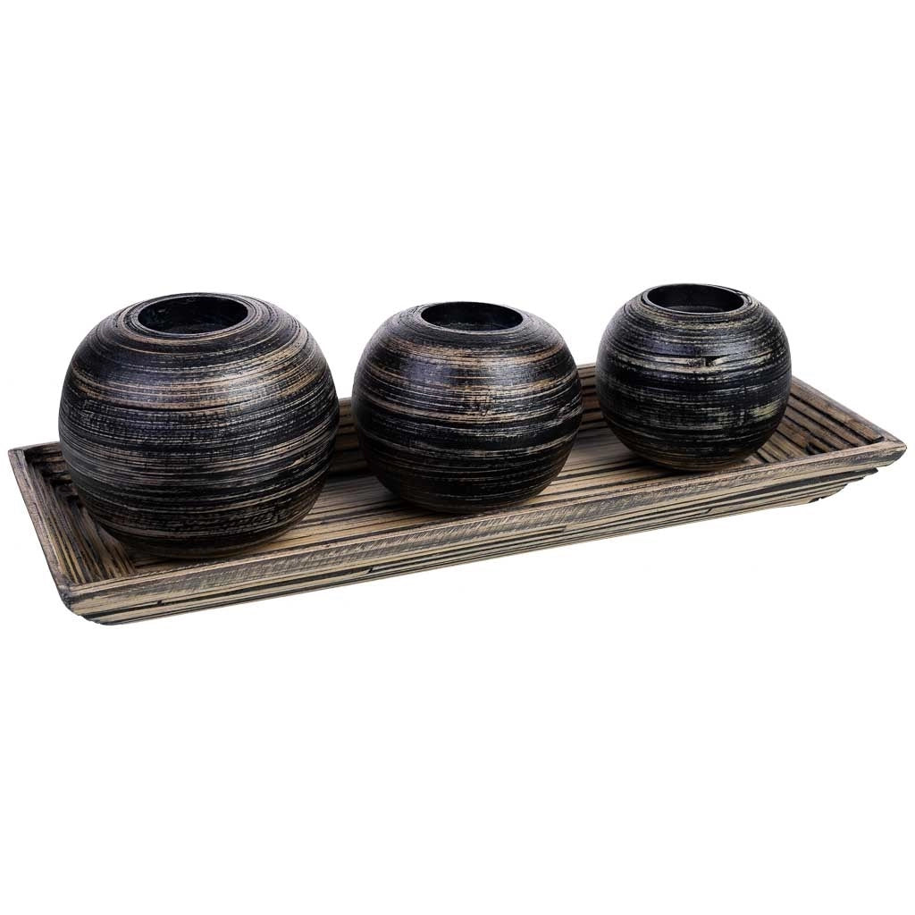 Set vassoio e 3 portacandele in legno di bamboo nero 33x13x3h cm