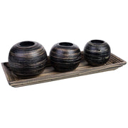 Set vassoio e 3 portacandele in legno di bamboo nero 33x13x3h cm