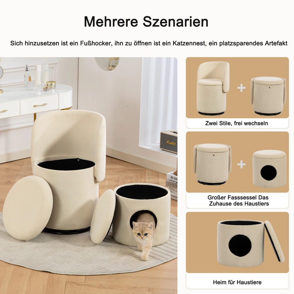 SGABELLO Girevole Contenitore 53x50x47 cm Velluto a coste Beige