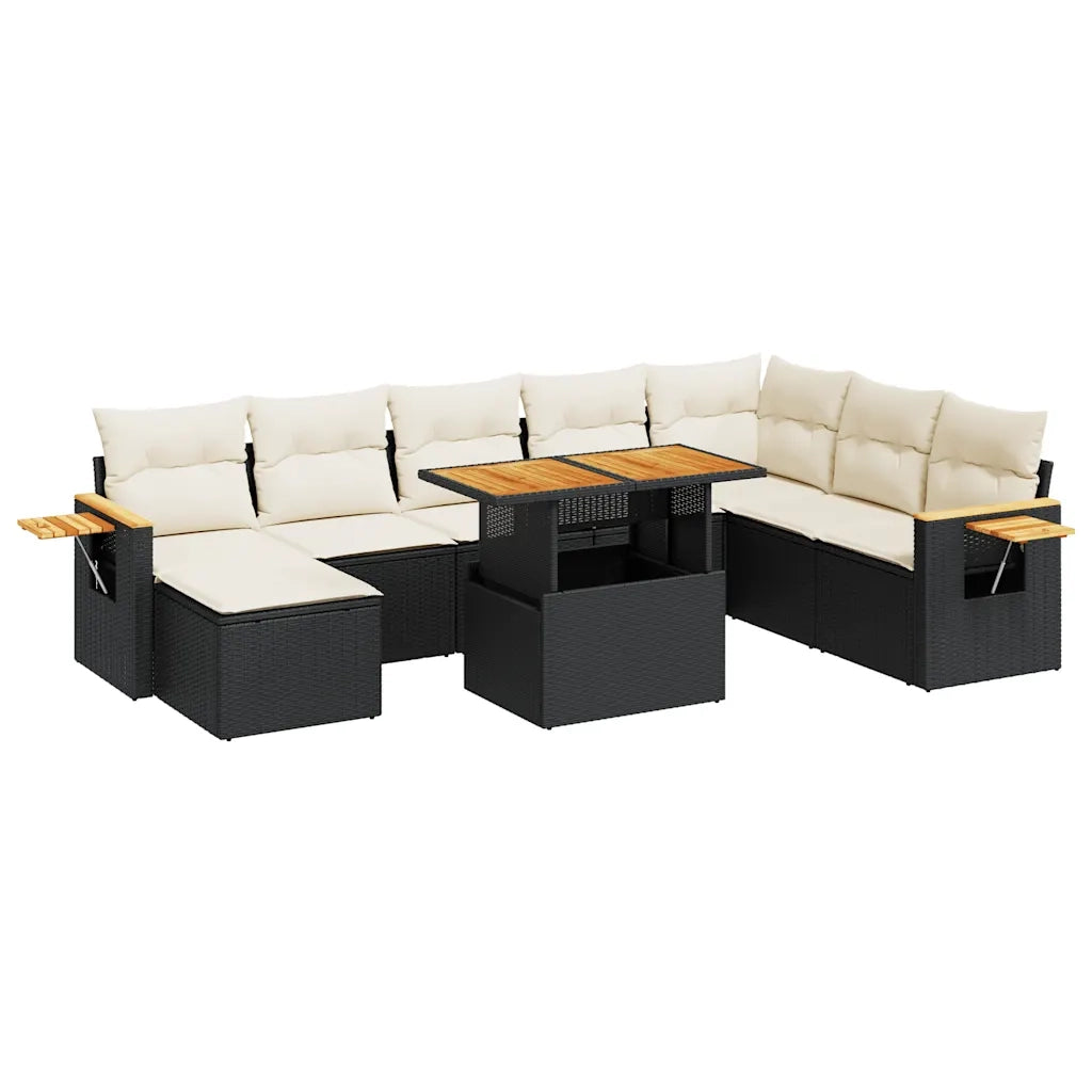 Set Divani da Giardino 9 pz con Cuscini Nero Polyrattan Acacia 3327633