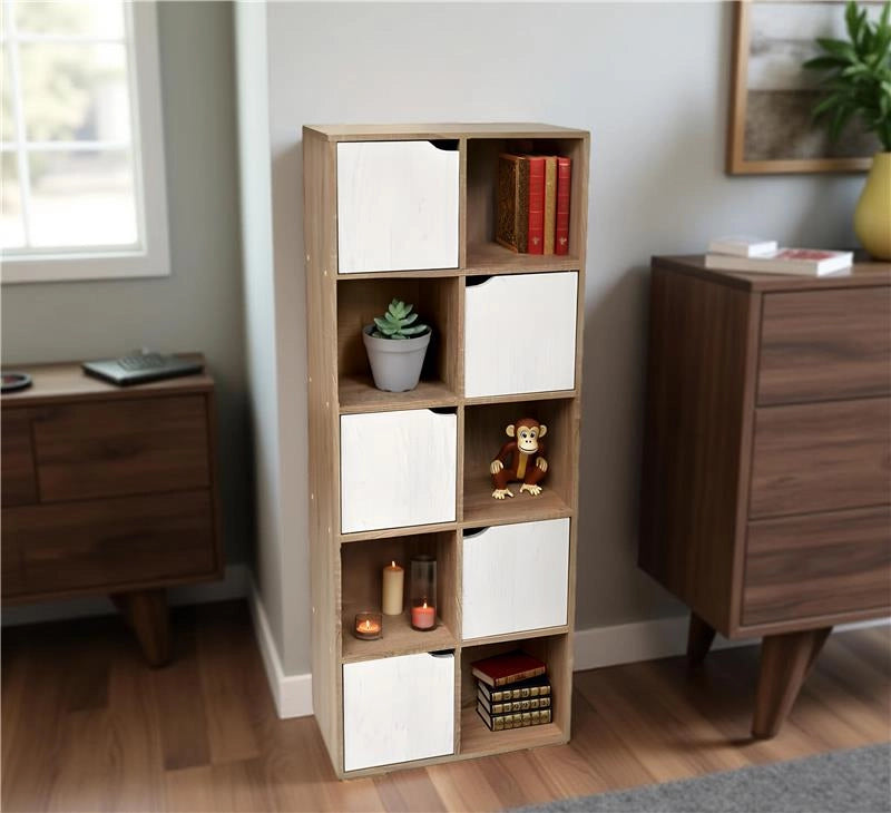 LIBRERIA CUBICA IN LEGNO COLORE LEGNO LEGGERO E BIANCO CON CASSETTI A FORMA DI CUBO APRIBILI 60X30X153H CM