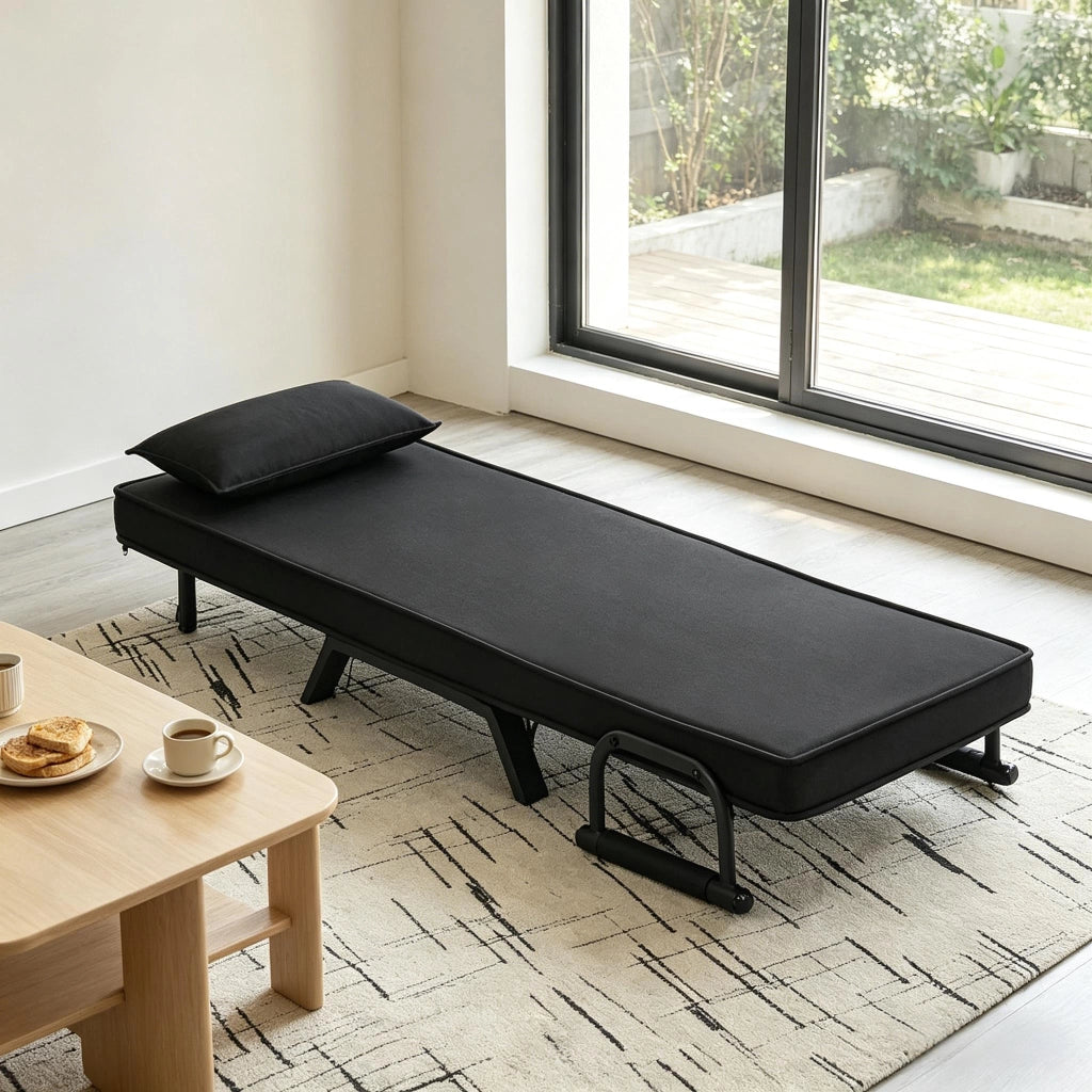 Letto singolo pieghevole 1 posto 184 × 65 cm con schienale reclinabile a 5 posizioni, senza materasso, nero