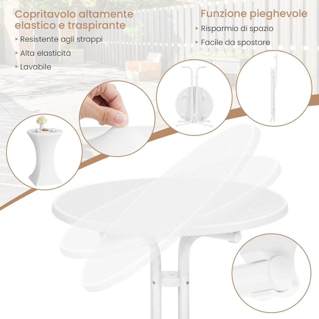 Tavolino da Bar Pieghevole Esterno Rotondo, Tavolo Alto con Copertura per Matrimonio Festa Compleanno, Piedini Regolabile, 70x110 cm, Bianco Opaco