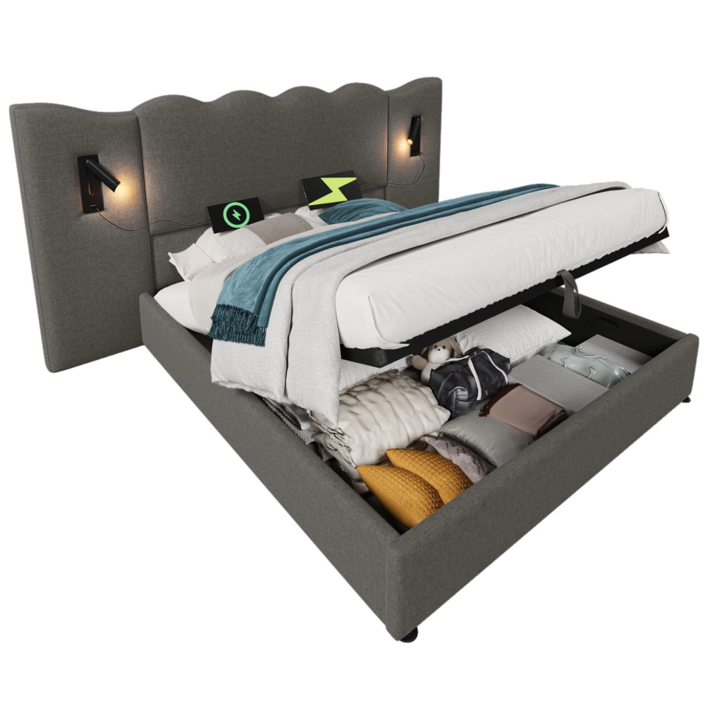 Letto 160x200 cm con lampada da lettura; contenitore e USB-C in lino grigio
