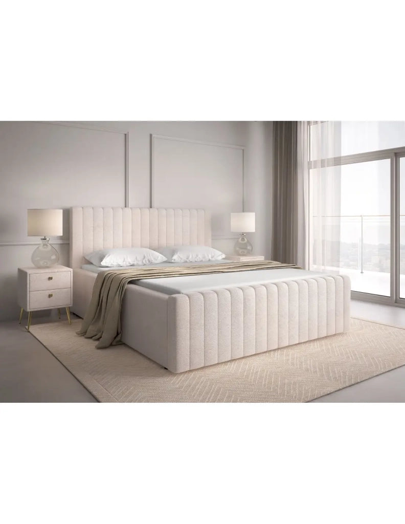 Letto contenitore ELORIA 160x200 in tessuto bouclé beige con testiera capitonnata e rete inclusa