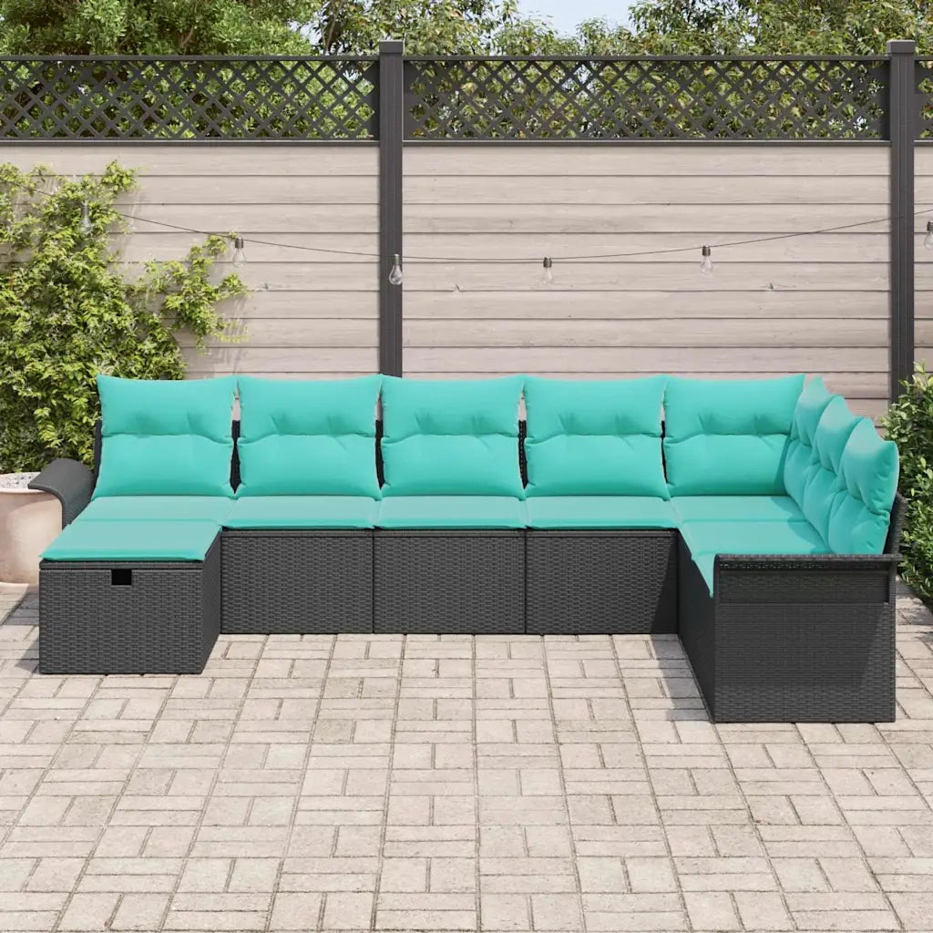 Set Divano da Giardino 8 pcs Nero e Turchese polyrattan