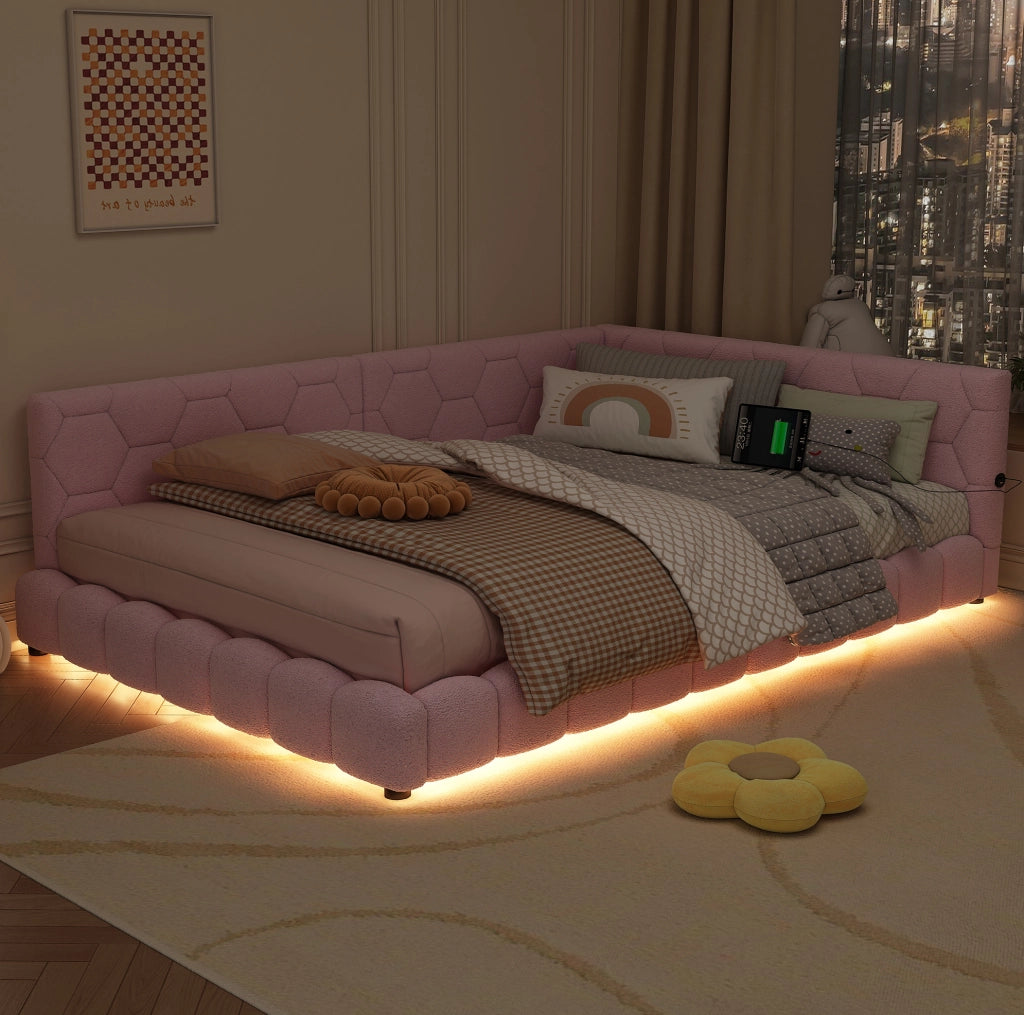 Divano letto rosa 140x200 cm con LED 16 colori, USB e USB-C