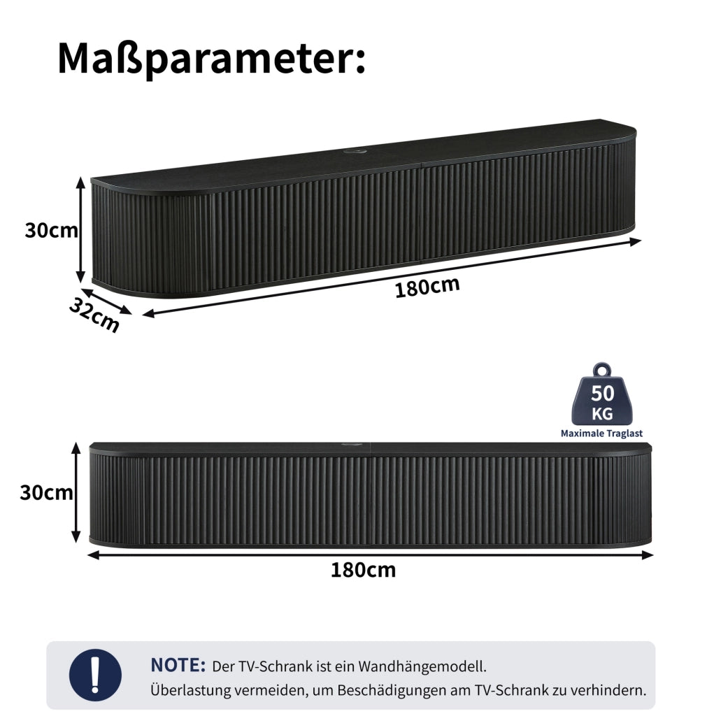 Mobile TV sospeso 180x32x30 cm con passacavi e ante ammortizzate nero