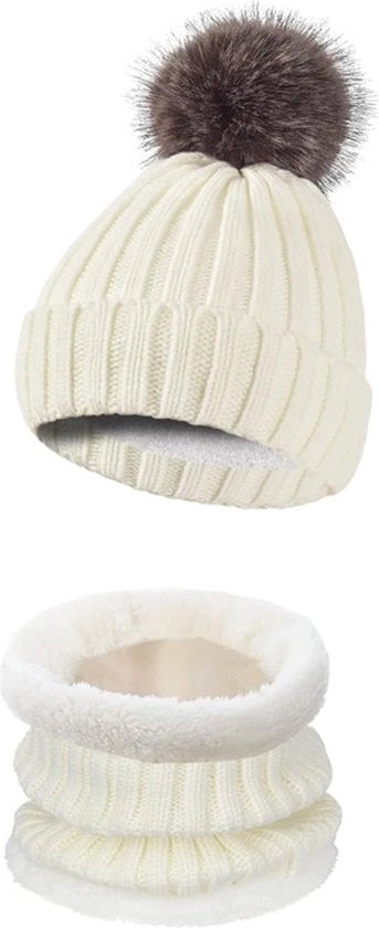 Set di cappello e sciarpa a due pezzi per donne - Cappello di lana spessa e caldo con set di sciarpa - Cappello e sciarpa a forma di cerchio per uomini - Adatto per cappelli da sci e attività all'aperto - Bianco