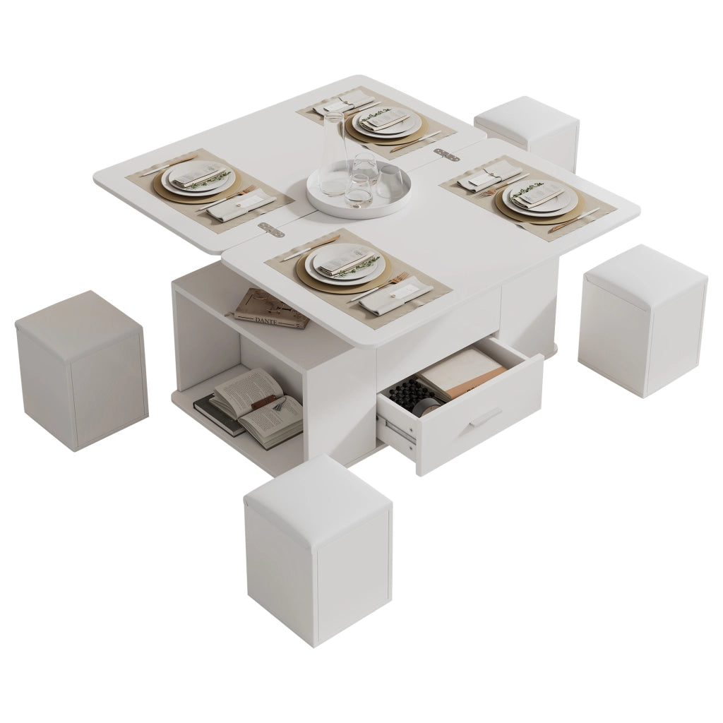 Tavolino da Caffè Sollevabile con 1 Cassetto e 4 Sgabelli Contenitore; Doppio Piano Idraulico; Stile Moderno; in Pannelli Truciolari; Bianco