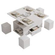 Tavolino da Caffè Sollevabile con 1 Cassetto e 4 Sgabelli Contenitore; Doppio Piano Idraulico; Stile Moderno; in Pannelli Truciolari; Bianco