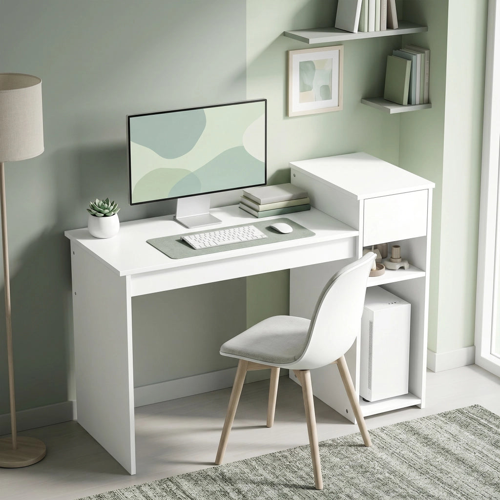 Scrivania con cassetto e ripiano, supporto per unit¨¤ centrale ¨C Minimal ¨C bianco, 108x50x82 cm