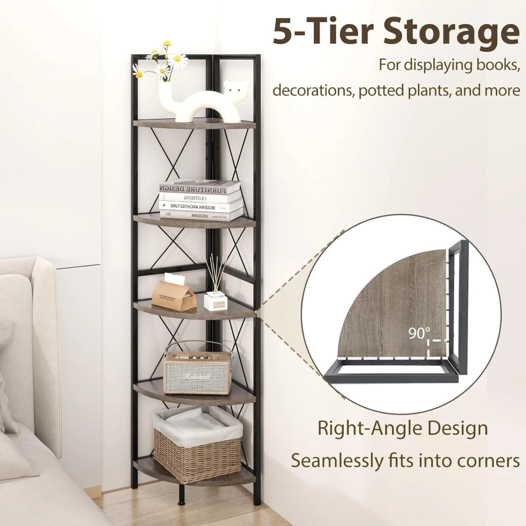 Mensola Angolare a 5 Ripiani, Scaffale Industriale con Struttura, Unità di Stoccaggio Multiuso per Soggiorno, Camera da Letto e Cucina, Marrone/Grigio (Grigio Rovere)