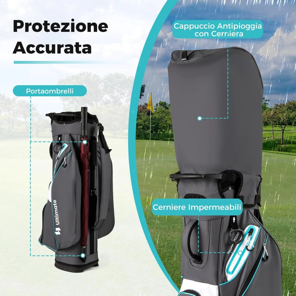 Borsa da Golf per Carrello con 14 Scomparti, Organizzatore Portatile per Mazze da Golf con Tasca Frigo, Tracolla Regolabile, Cappuccio Antipioggia e Porta Ombrello per Uomo e Donna