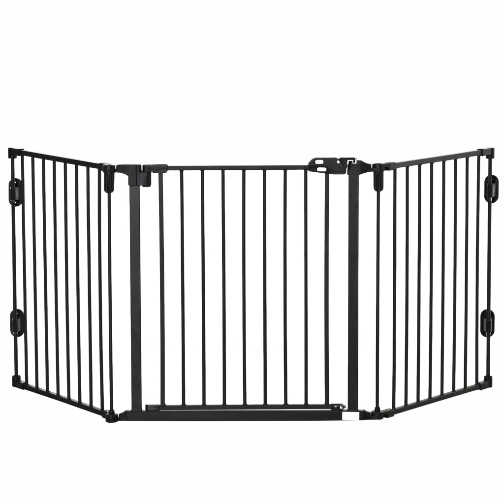 Barriera estensibile a forbice con porta a chiusura automatica 3 pannelli pieghevole in plastica nera 202,5 × 76 cm